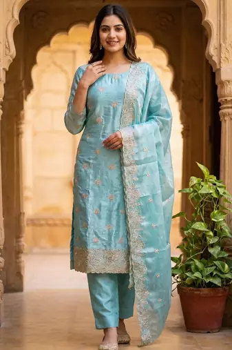 Sky blue color beautiful and smart jimmy chu fabric salwar kameez for girls