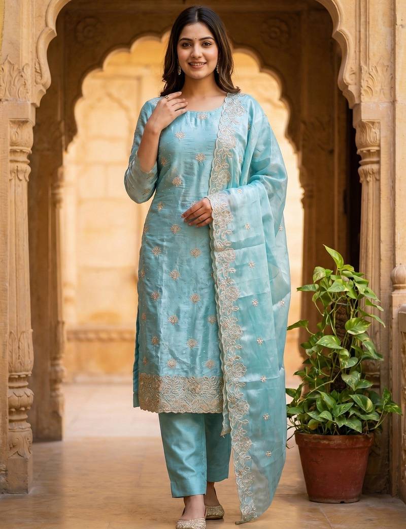 Sky blue color beautiful and smart jimmy chu fabric salwar kameez for girls