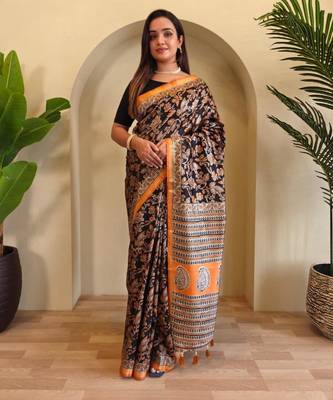 Black viscose printed saree with zari work 1