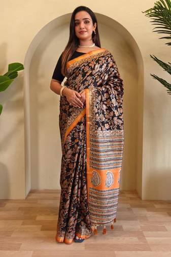 Black viscose printed saree with zari work