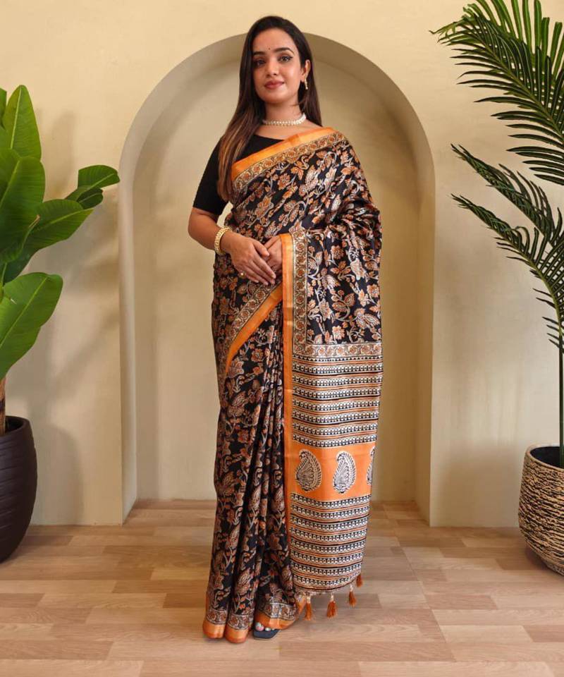 Black viscose printed saree with zari work