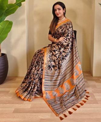 Black viscose printed saree with zari work 3