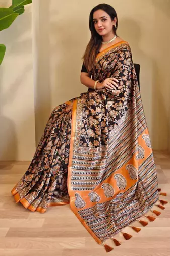 Black viscose printed saree with zari work