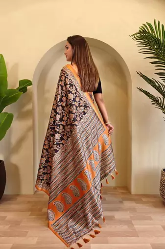 Black viscose printed saree with zari work