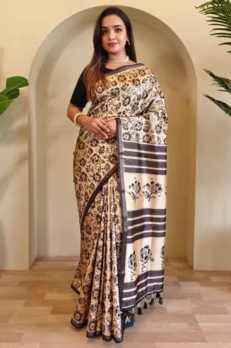 Beige viscose printed saree with zari work