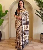 Beige viscose printed saree with zari work