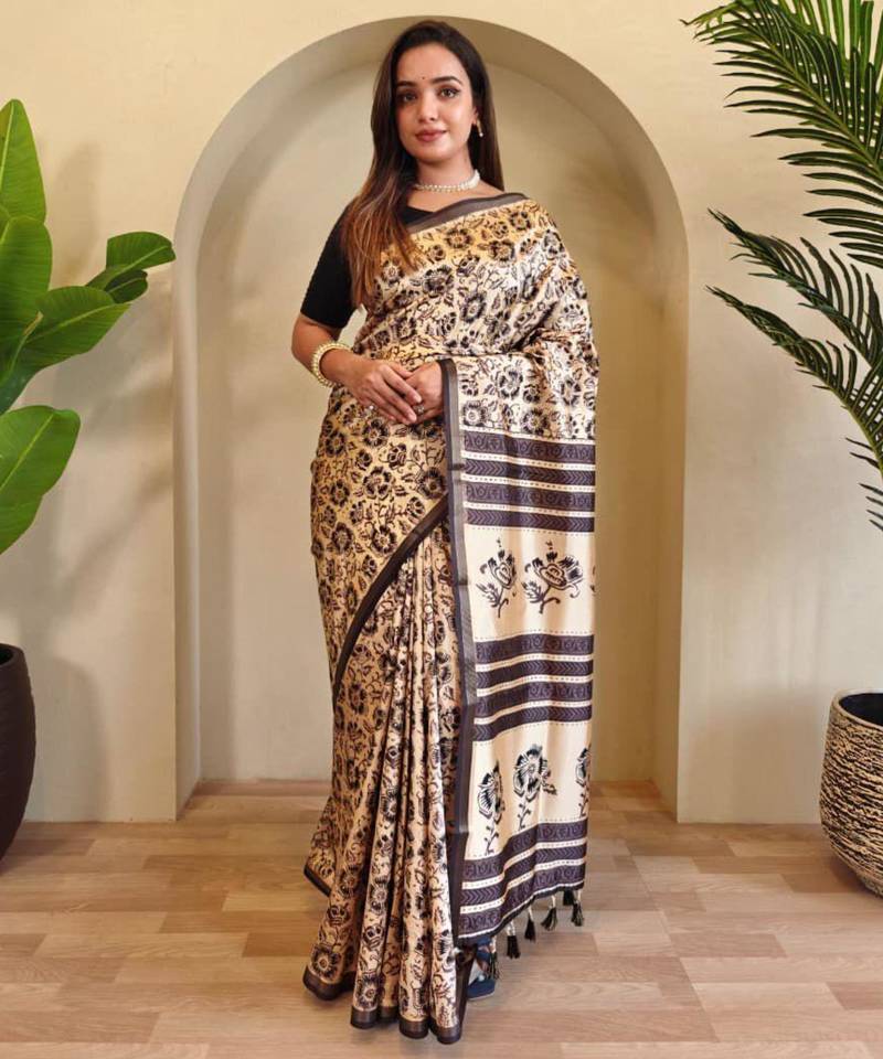 Beige viscose printed saree with zari work