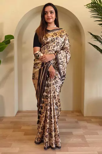 Beige viscose printed saree with zari work
