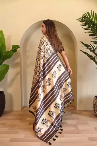 Beige viscose printed saree with zari work