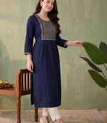 Blue women ethnic motifs embroidered thread work kurta