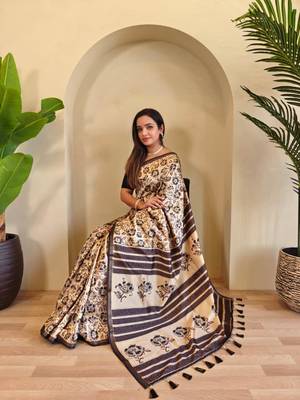 Beige viscose printed saree with zari work 4