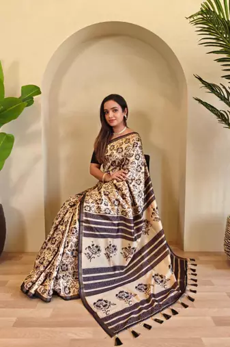 Beige viscose printed saree with zari work