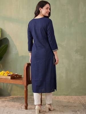 Blue women ethnic motifs embroidered thread work kurta 4