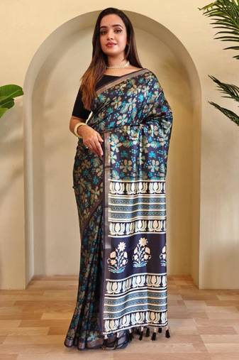 Navy blue viscose printed saree with zari work