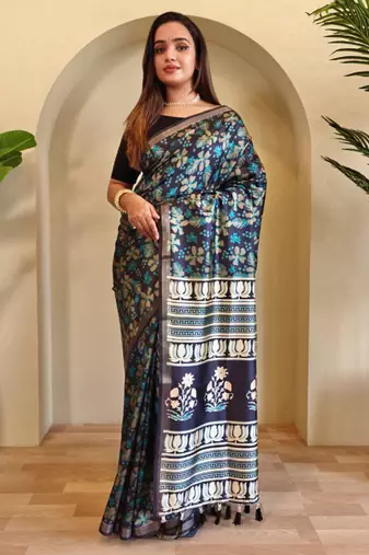 Navy blue viscose printed saree with zari work