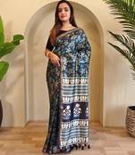 Navy blue viscose printed saree with zari work
