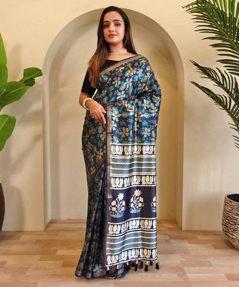 Navy blue viscose printed saree with zari work