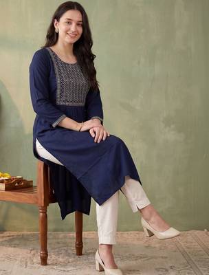 Blue women ethnic motifs embroidered thread work kurta 5