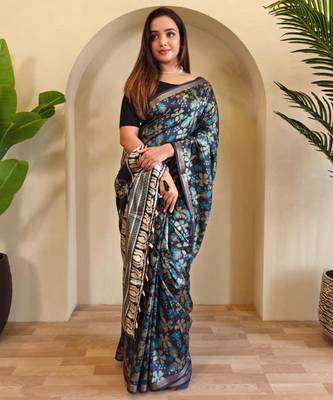 Navy blue viscose printed saree with zari work 2