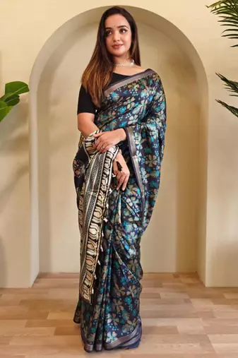 Navy blue viscose printed saree with zari work