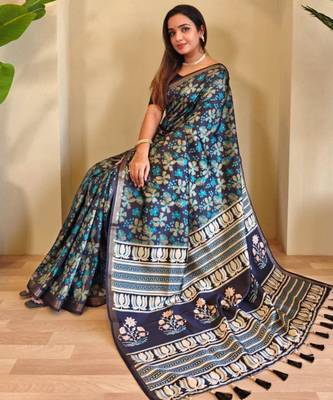 Navy blue viscose printed saree with zari work 3