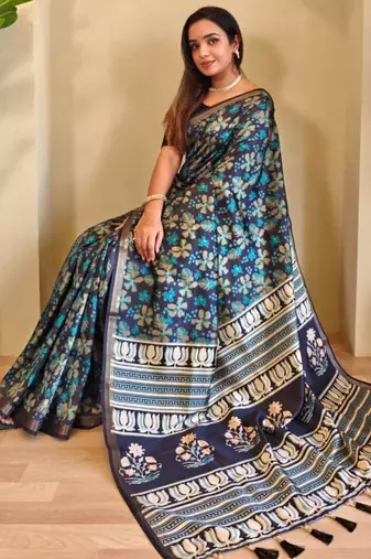 Navy blue viscose printed saree with zari work