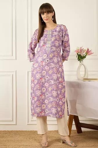 Lavender women floral printed thread work kurta