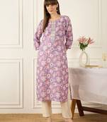 Lavender women floral printed thread work kurta
