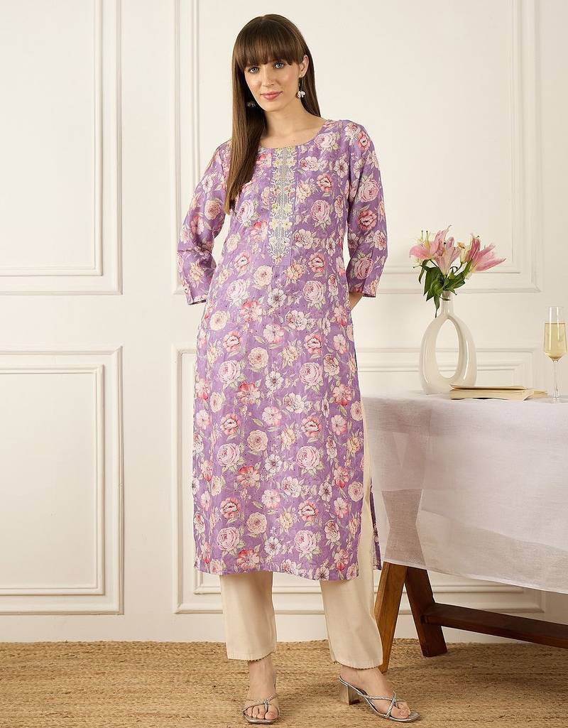 Lavender women floral printed thread work kurta
