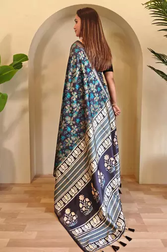 Navy blue viscose printed saree with zari work