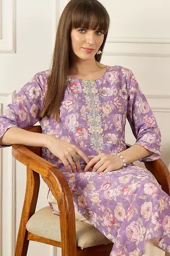 Lavender women floral printed thread work kurta