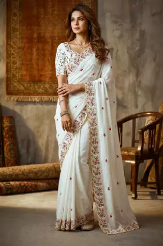 White silk blend embroidered saree with bangalore silk