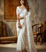 White silk blend embroidered saree with bangalore silk