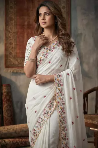 White silk blend embroidered saree with bangalore silk