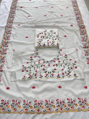 White silk blend embroidered saree with bangalore silk 3