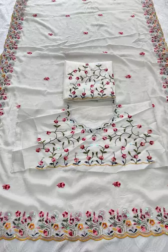 White silk blend embroidered saree with bangalore silk