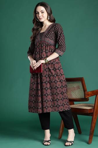 Black ethnic motifs printed kurta