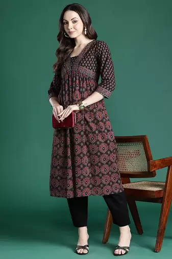Black ethnic motifs printed kurta