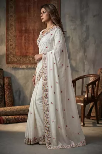 White silk blend embroidered saree with bangalore silk