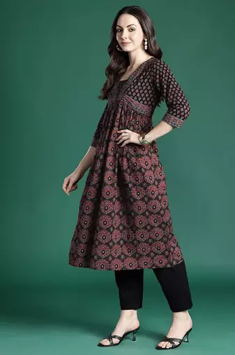 Black ethnic motifs printed kurta