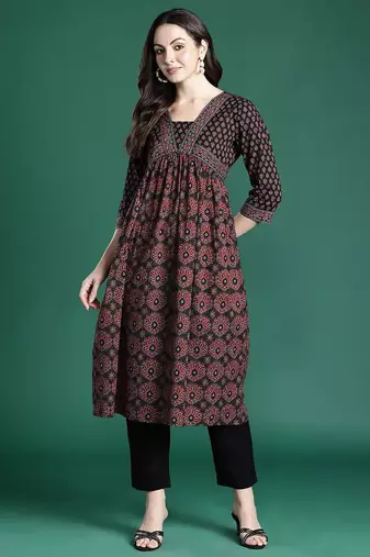 Black ethnic motifs printed kurta