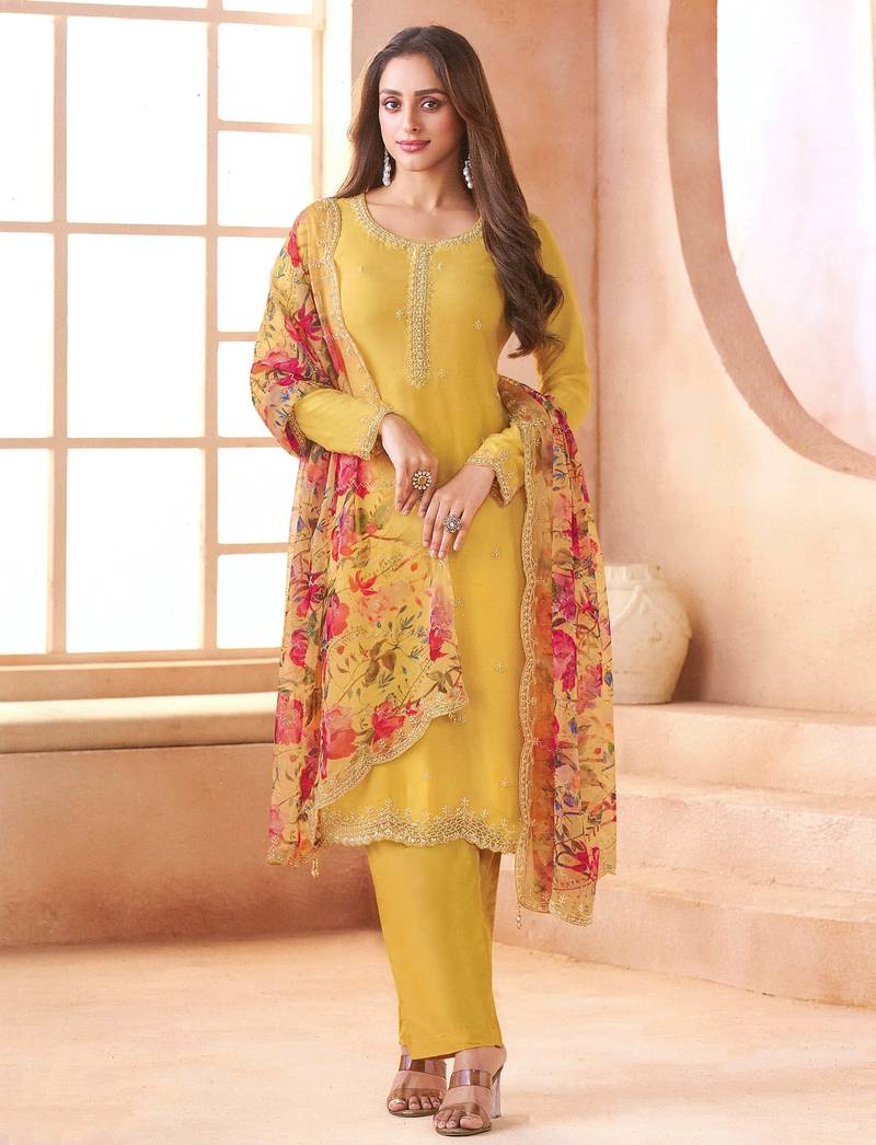 Yellow color chiffon fabric beautiful partywear suit