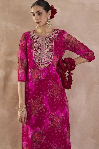 Pink floral embroidered straight zari work kurta