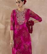 Pink floral embroidered straight zari work kurta