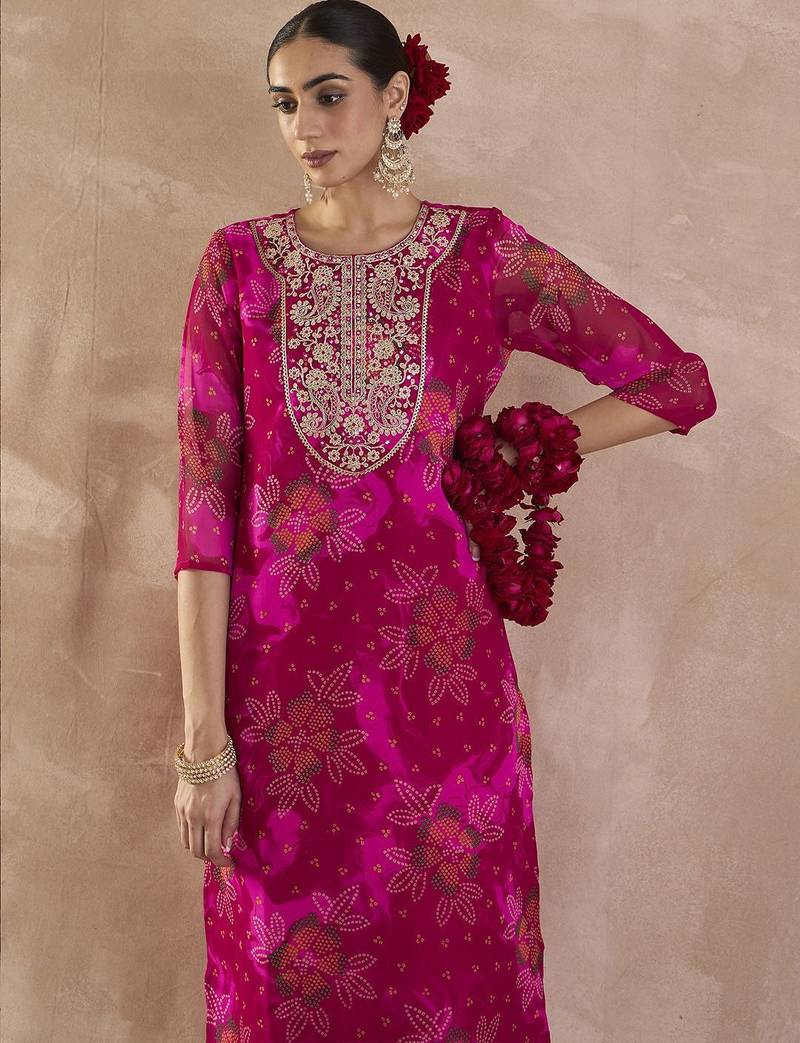 Pink floral embroidered straight zari work kurta
