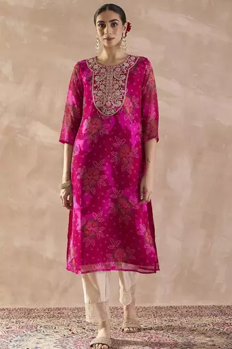Pink floral embroidered straight zari work kurta