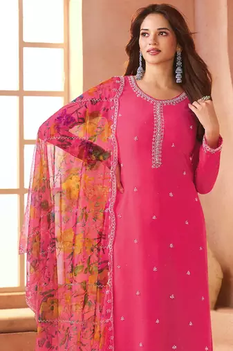 Pink color chiffon fabric beautiful partywear suit