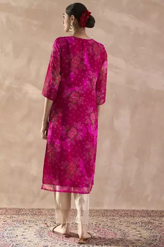 Pink floral embroidered straight zari work kurta