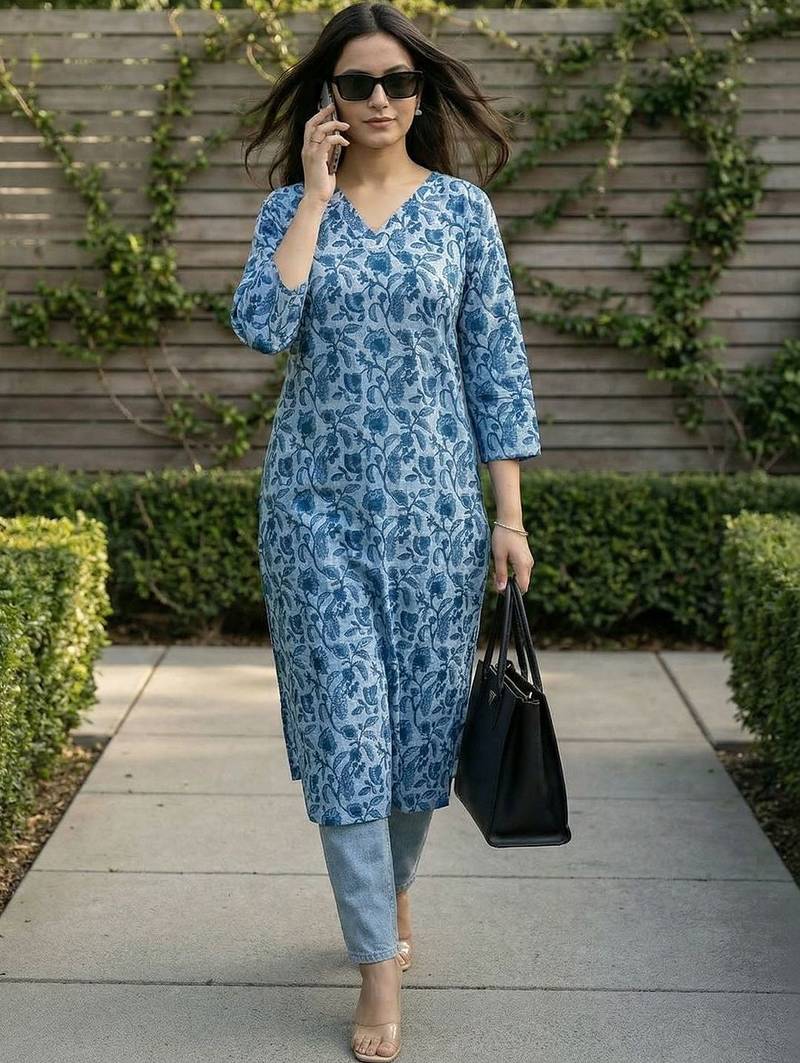 Blue women floral printed floral kurta