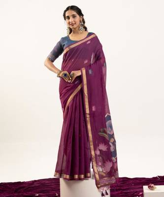 Wine cotton silk printed saree with zari work 1
